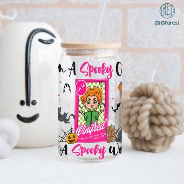 Hocus Pocus I'm A Spooky Girl In A Spooky World 16oz Glass Can Wrap Png | Pink Doll Png | Hocus Pocus Pink Halloween | Sanderson Sister | Design