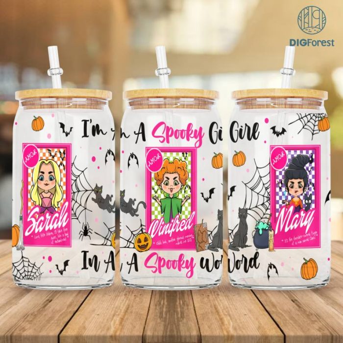 Hocus Pocus I'm A Spooky Girl In A Spooky World 16oz Glass Can Wrap Png | Pink Doll Png | Hocus Pocus Pink Halloween | Sanderson Sister | Design