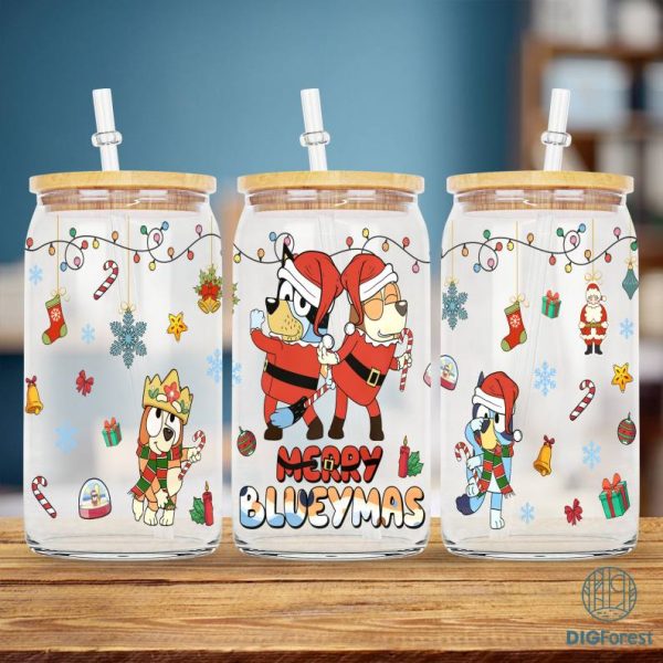 Bluey Merry Christmas Cartoon Character 16oz Libbey Glasscan, Holiday Cheers: Cartoon Character Christmas Cup