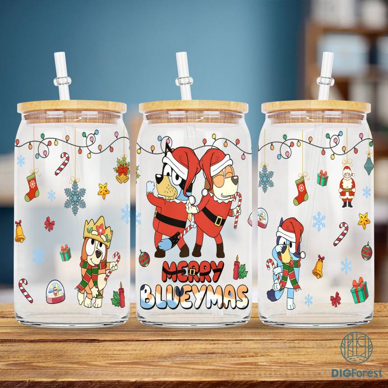 Bluey Merry Christmas Cartoon Character 16oz Libbey Glasscan, Holiday Cheers: Cartoon Character Christmas Cup