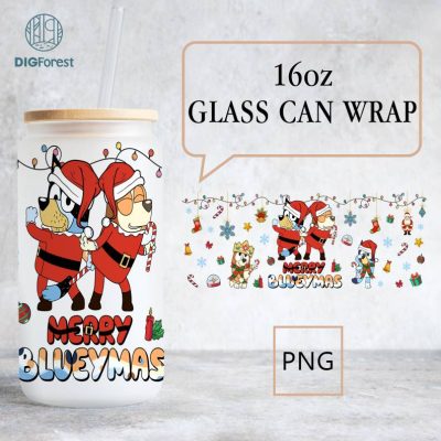 Bluey Merry Christmas Cartoon Character 16oz Libbey Glasscan, Holiday Cheers: Cartoon Character Christmas Cup