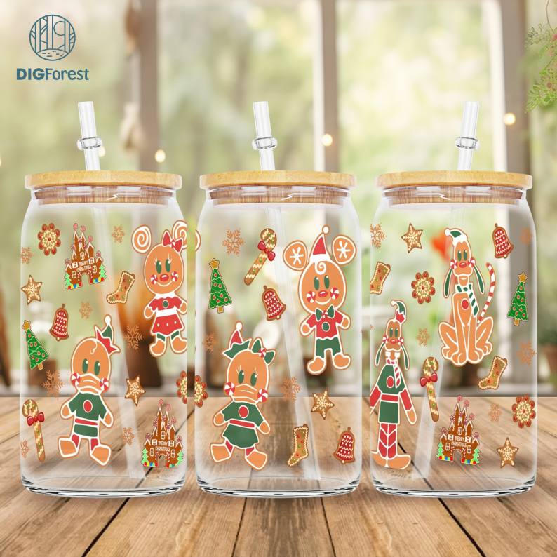 Disney Mickey & Friends Christmas Can Glass | 16oz Libbey Glass Can PNG | Cartoon Ginger Bread Tumbler Wrap | Christmas Can Wrap PNG | Instant Download Digforest.com