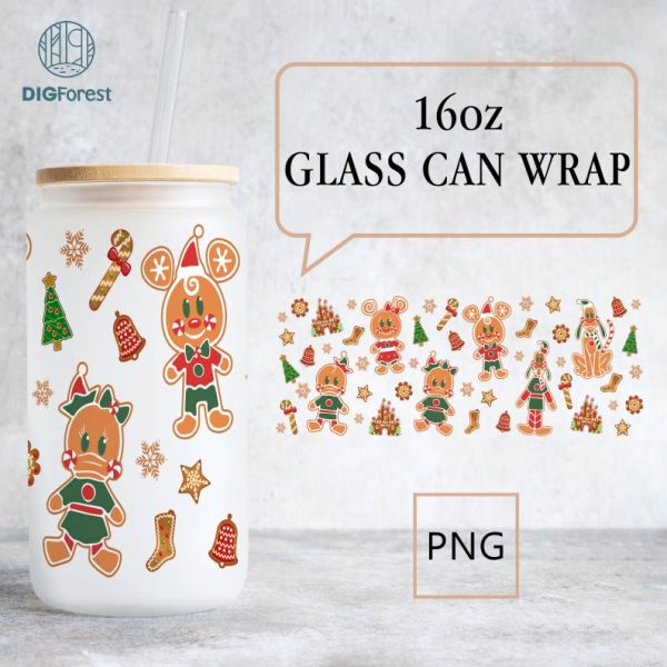 Disney Mickey & Friends Christmas Can Glass | 16oz Libbey Glass Can PNG | Cartoon Ginger Bread Tumbler Wrap | Christmas Can Wrap PNG | Instant Download