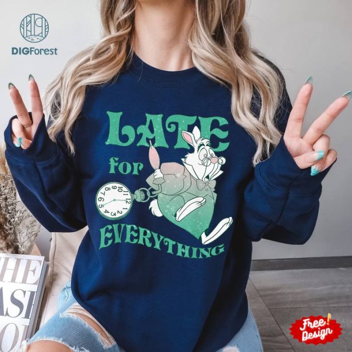 Disneyland Alice In Wonderland White Rabbit PNG, Late For Everything Tee, Retro Disneyland White Rabbit Tee, Disneyland Family Trip Shirt