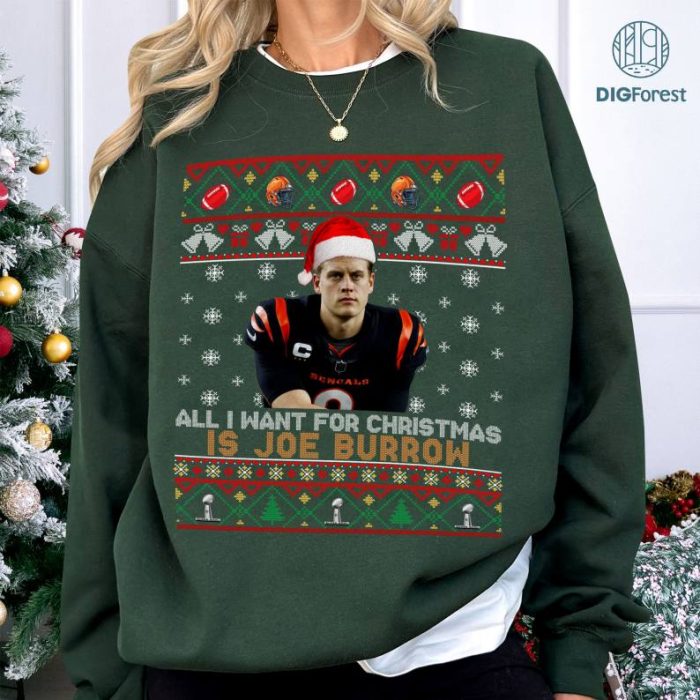 Joe Burrow Christmas Sweatshirt, Burrow PNG, Vintage Cincinnati Football, Burrow Cincinnati Football, Christmas Gifts, Joe Burrow Gifts