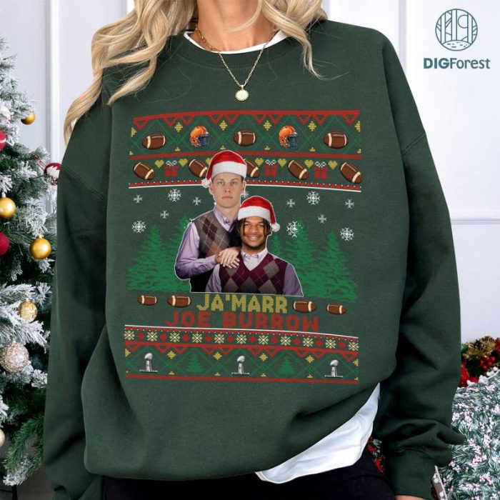 Joe Burrow Ja'Marr Chase Ugly Christmas Sweater, Cincinnati Football PNG, Football Fan Shirt, Football Christmas Shirt, Christmas Gift