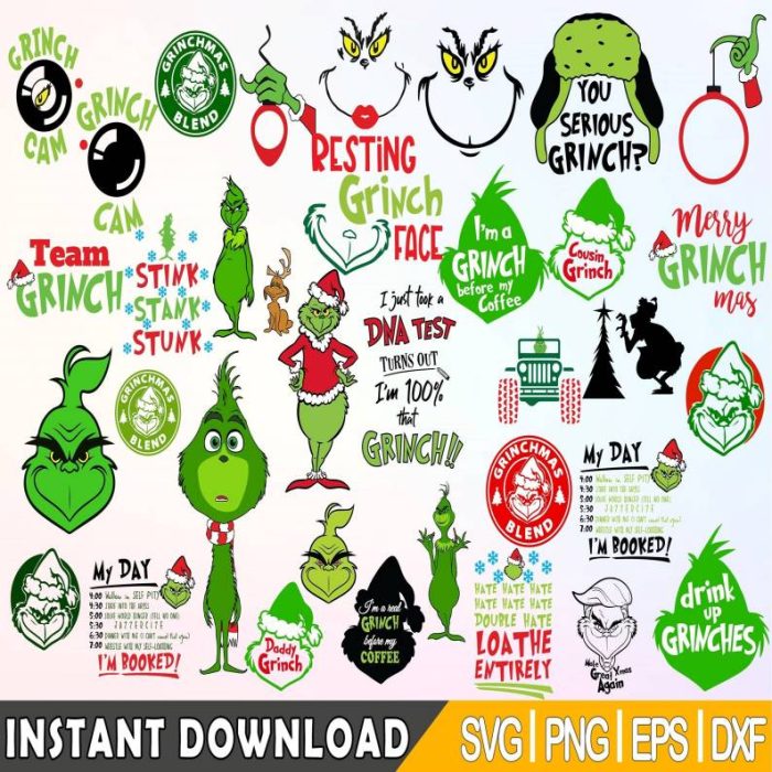 900+ Files The Grinch Bundle, Grinch Hand Svg, Grinch Face Svg, Grinch Christmas Svg, Clipart Cricut Vector Cut File +190 Unique Design