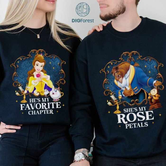 Disney Beauty and the Beast Couple PNG, He's My Favorite Chapter, She's My Rose Petals, Disneyland Couples Matching Shirts, Belle Couple Shirt