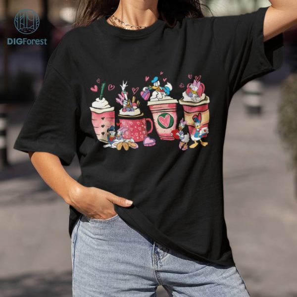 Disney Donald Daisy Duck Valentine Coffee Shirt, Duck Couple Happy Valentine's Day Png, Pink Coffee Latte Png, Coffee Latte For Sublimation