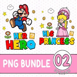 Her Hero and His Princess Matching Couples Bundle | Super Mario Valentines Day Png | Valentines Day Gift for Couple | Couple Valentine Png | Digital Download