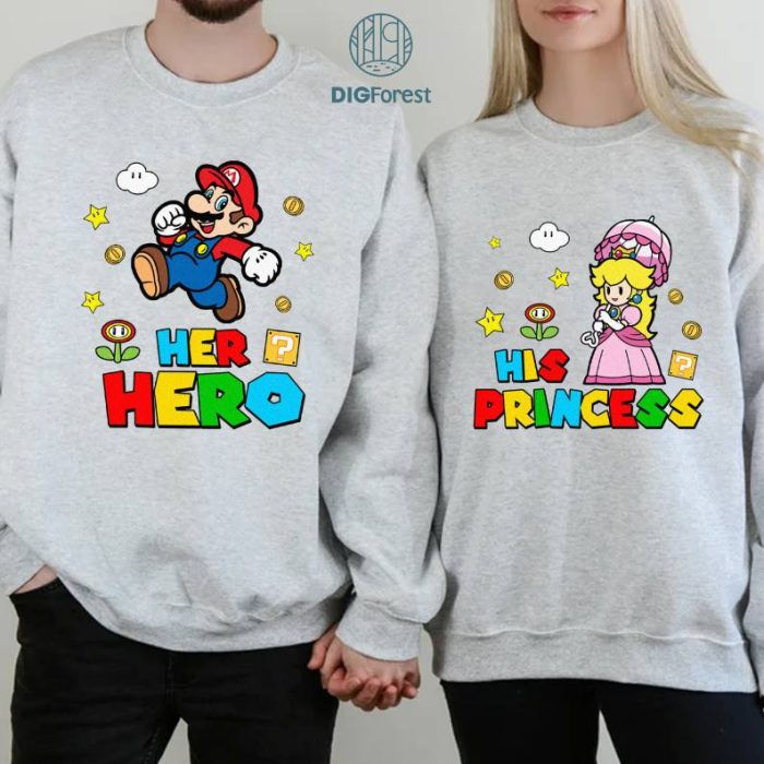 Her Hero and His Princess Matching Couples Bundle | Super Mario Valentines Day Png | Valentines Day Gift for Couple | Couple Valentine Png | Digital Download