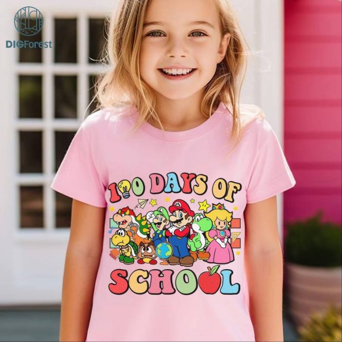 Mario 100 Days Of School PNG, Mario Game 100 Days Of School Shirt, Mario & Friend 100th Day Kindergarten Teacher, Teacher 100 Days Shirt