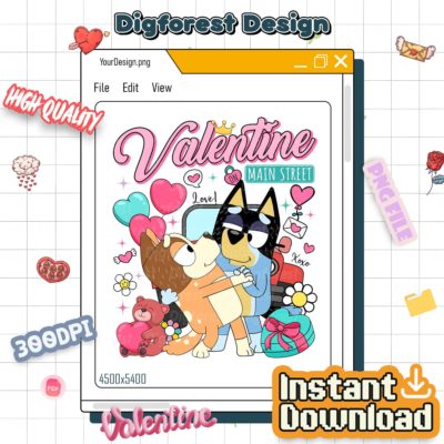 Bandit & Chilli Be Mine Valentine PNG – Bluey Family Retro Art, Heeler Couple with Bingo, Cute Love Digital Download
