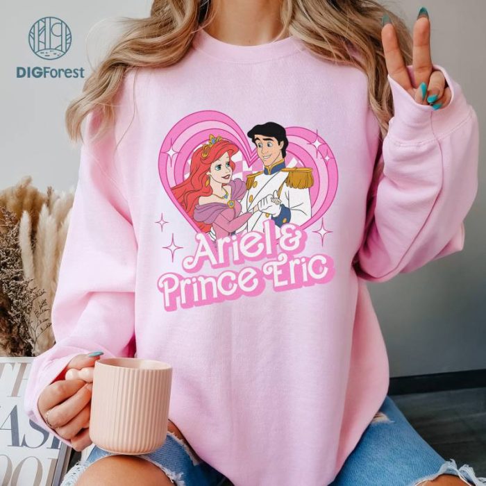 Disney Ariel And Prince Eric Pink Doll Heart Sweatshirt | Little Mermaid Valentine Shirt | Ariel And Prince Eric Shirt | Disneyland Couple Shirt