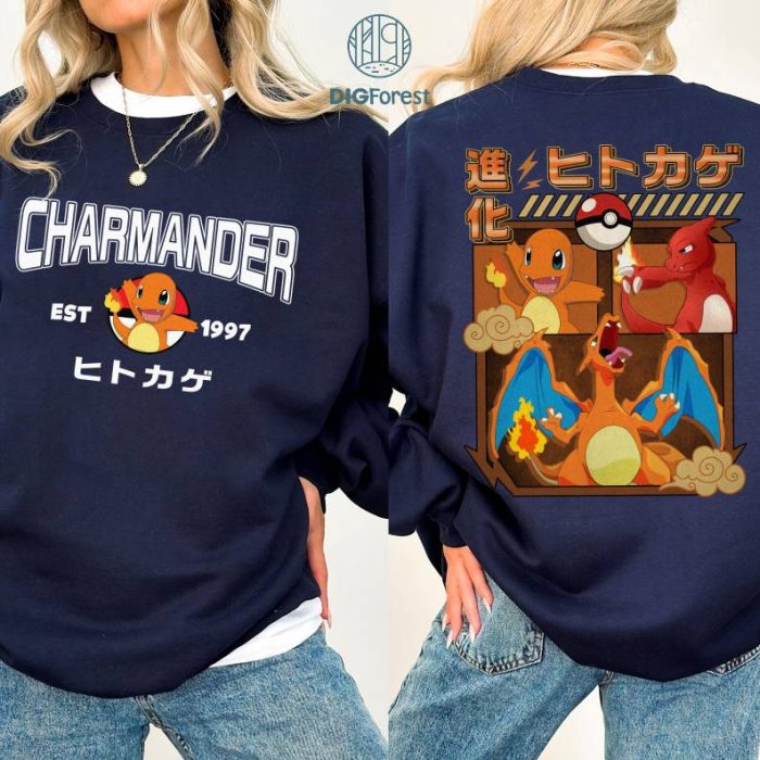 2-Sided Charmander PNG| Charmander Charizard Shirt | Eevee Evolution Shirt | Pokeball Anime Japanese Shirt | Birthday Gift