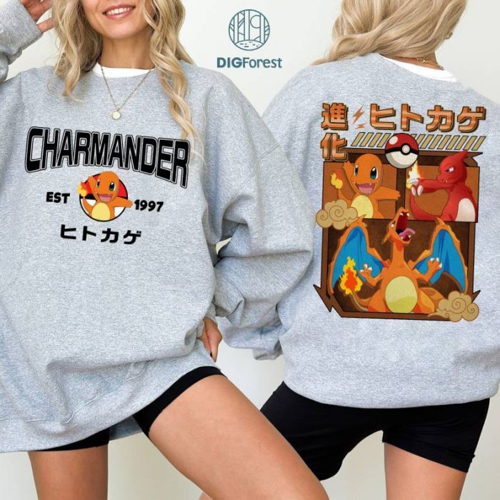 2-Sided Charmander PNG| Charmander Charizard Shirt | Eevee Evolution Shirt | Pokeball Anime Japanese Shirt | Birthday Gift