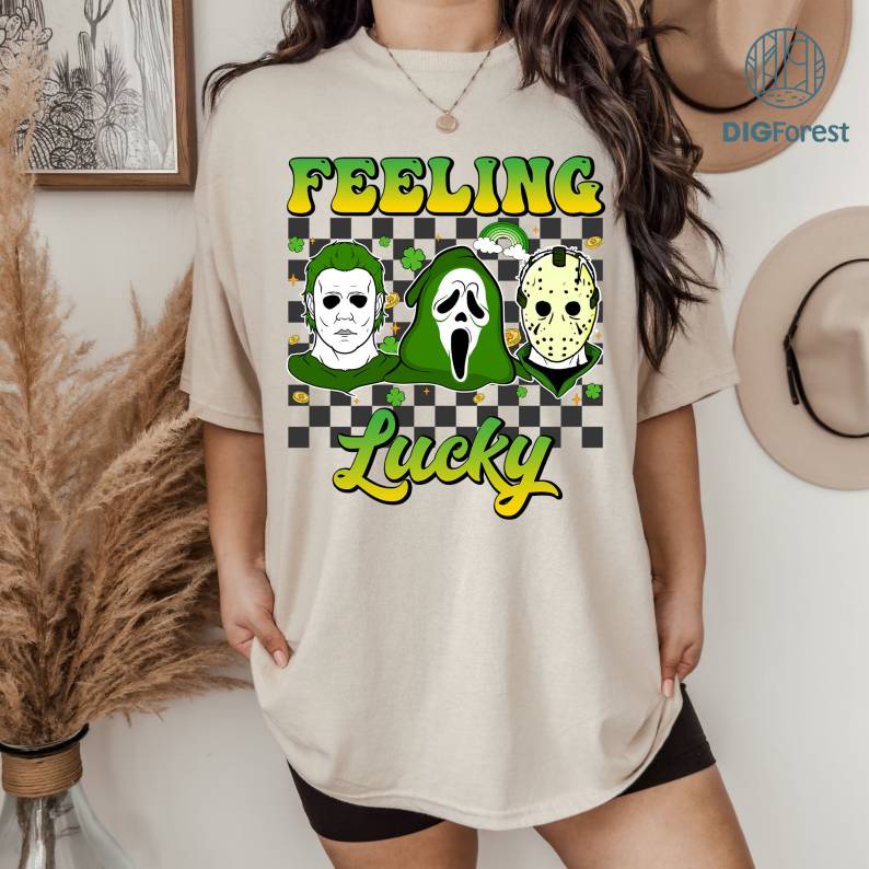 Horror Character Michael Myers Ghost Face Jason Voorhees St Patrick Day Shirt | Feeling Lucky Irish Leaf Clover Shirt | St Paddys Day Shirt | Digital Download Digforest.com