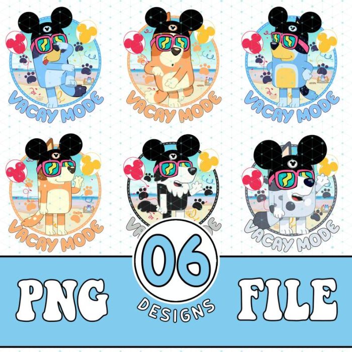 6 Bluey Vacay Mode Bundle Png File | Bluey Family Blue Dog PNG | Dad Mum Bluey Png Files | Disney Family Vacation Png | Digital Download