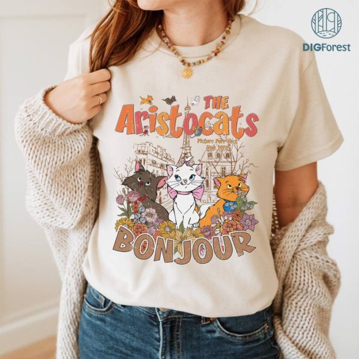 Disney Vintage Aristocats Bonjour PNG, Floral Aristocats Shirt, Disneyland Cats Shirt, Everybody Wants Cat, Marie Berlioz Toulouse Tee