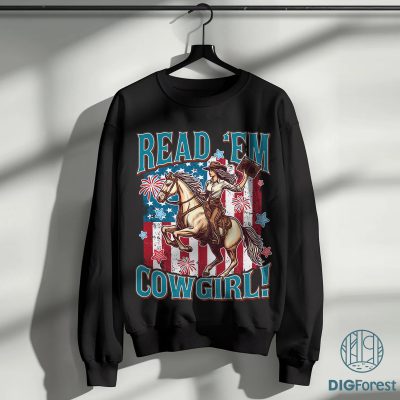 Read ‘Em Cowgirl Shirt – Bookish Western Romance Reader Club Tee, USA Flag Sublimation PNG