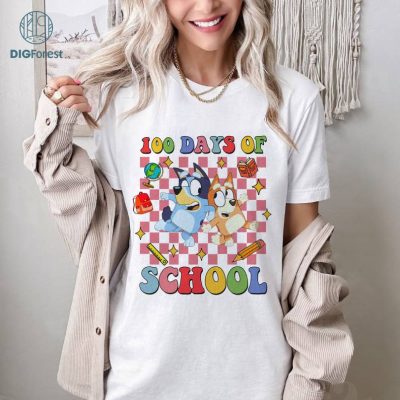 Bluey 100 Days Of School Png, Bluey Bandit Bingo Happy School Tee, Bluey Students Teachers Half School Year Gift