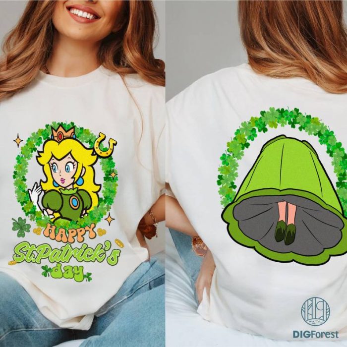 Two-sided Disney Princess Peach Shamrock St Patrick's Day Shirt | Super Mario Four Leaf Clover Shamrock Shirt, Let's get shamrocked Shirt