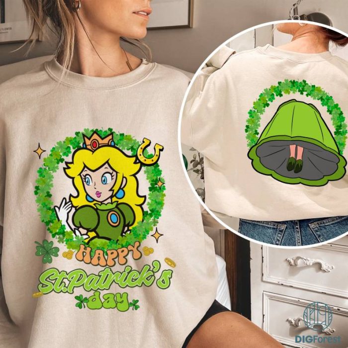 Two-sided Disney Princess Peach Shamrock St Patrick's Day Shirt | Super Mario Four Leaf Clover Shamrock Shirt, Let's get shamrocked Shirt