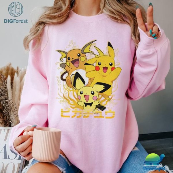 Pichu Raichu Pikachu PNG | Vintage Pkm Pikachu Shirt | Pikachu Evolution Shirt | Anime Characters | Pikachu Birthday Kids Shirt