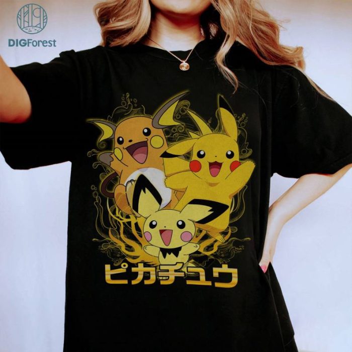 Pichu Raichu Pikachu PNG | Vintage Pkm Pikachu Shirt | Pikachu Evolution Shirt | Anime Characters | Pikachu Birthday Kids Shirt