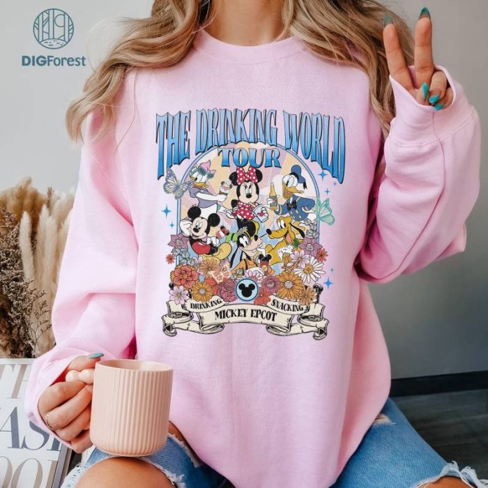 Vintage Disney Floral Mickey and Friends Epcot Tour Shirt, Epcot Drinking World Tour Shirt, Mickey Minnie Epcot Sweatshirt, Magic Kingdom Epcot Tee