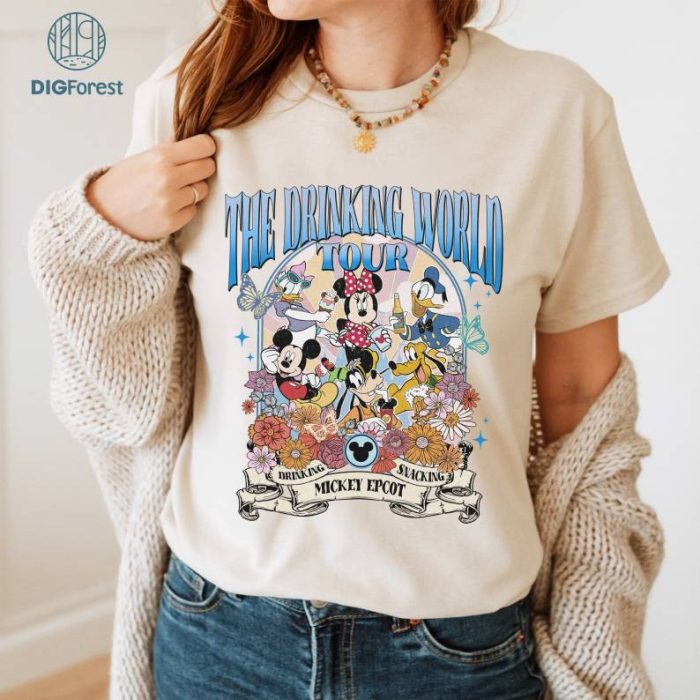 Vintage Disney Floral Mickey and Friends Epcot Tour Shirt, Epcot Drinking World Tour Shirt, Mickey Minnie Epcot Sweatshirt, Magic Kingdom Epcot Tee