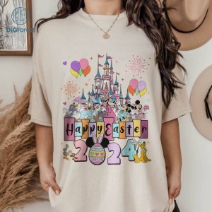 Disney Mickey and Friends Happy Easter Day Fireworks 2024 T-shirt, Disney Balloon Easter Day Crew Family Matching Tee, WDW Happiest Place Gift