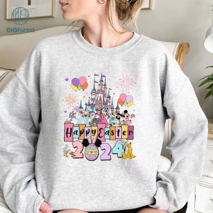 Disney Mickey and Friends Happy Easter Day Fireworks 2024 T-shirt, Disney Balloon Easter Day Crew Family Matching Tee, WDW Happiest Place Gift