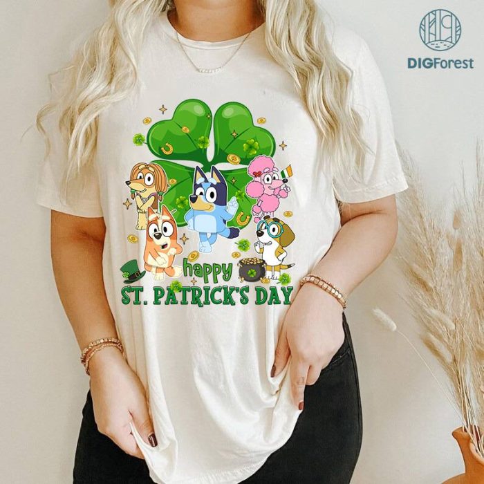 Bluey Happy St Patrick's Day PNG, Bluey Bingo Patrick's Day, Bluey Family Irish Shirt, Bluey Four Leaf Clover Shamrock Tee Paddy's Day Tee