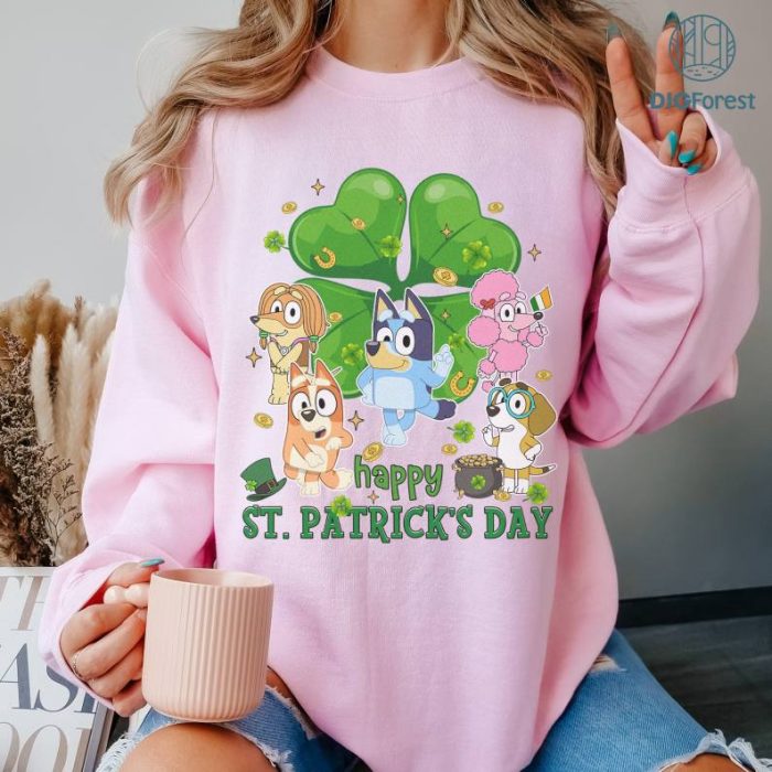 Bluey Happy St Patrick's Day PNG, Bluey Bingo Patrick's Day, Bluey Family Irish Shirt, Bluey Four Leaf Clover Shamrock Tee Paddy's Day Tee