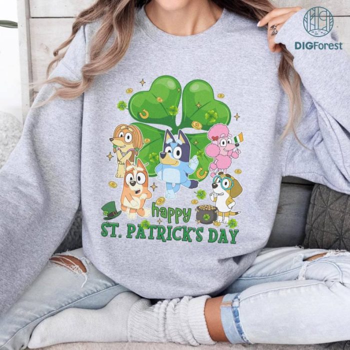 Bluey Happy St Patrick's Day PNG, Bluey Bingo Patrick's Day, Bluey Family Irish Shirt, Bluey Four Leaf Clover Shamrock Tee Paddy's Day Tee