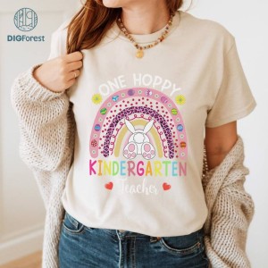 One Hoppy Teacher PNG, Easter Bunny Ears Shirt, Easter Teacher Shirt, Easter Teacher Rainbow Shirt, Teacher Life Shirt, Happy Easter Shirt