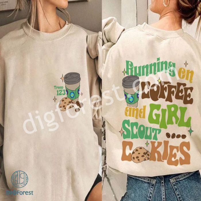 Running On Coffee And Girl Scout Cookies Shirt, Scout Girl Png, Custom Scout Troop Number Png, Cookies Dealer Png, Camping Gift For Scout Girl