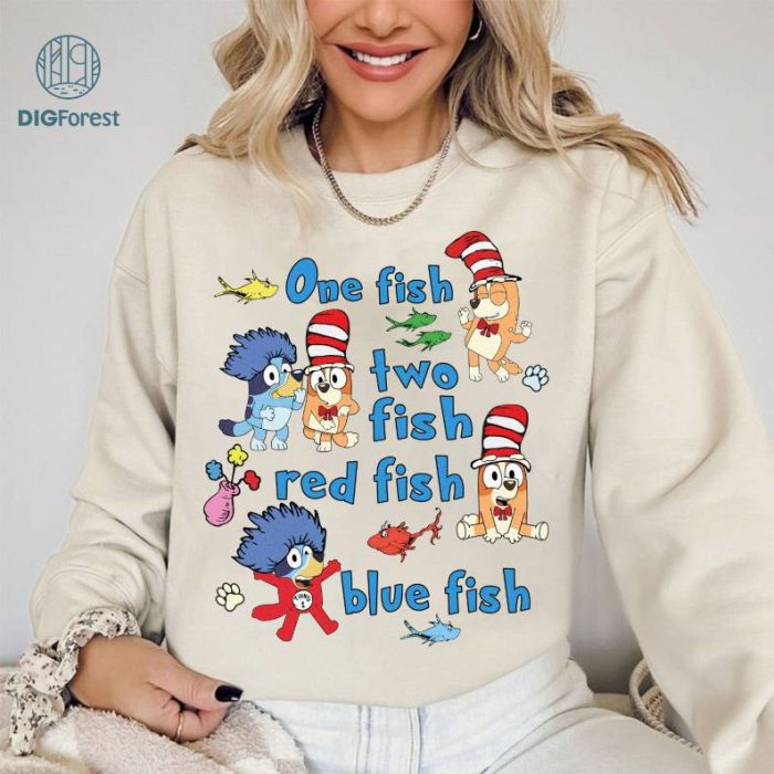Bluey Read Across America Shirt,Bluey Reading Day T-shirt,One Fish Two Fish Red Fish Blue Fish,Bluey Toddler Shirt, Bluey Reading Week Shirt