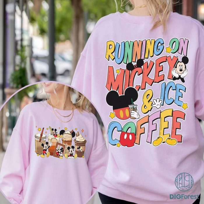 Disney Running on Mickey and Iced Coffee T-shirt, Mickey Mouse Coffee Lovers PNG, WDW Disneyland Family Vacation 2024, Disneyland Trip Shirts
