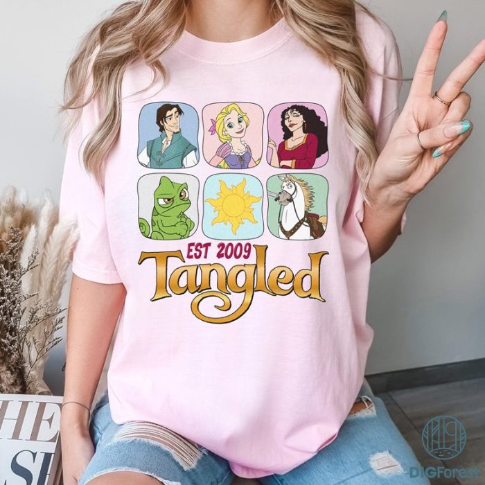 Tangled Characters Group Shot Est 2009 Retro PNG| Rapunzel Flynn Rider Tee | Magic Kingdom Disneyland Family Vacation Holiday Gift