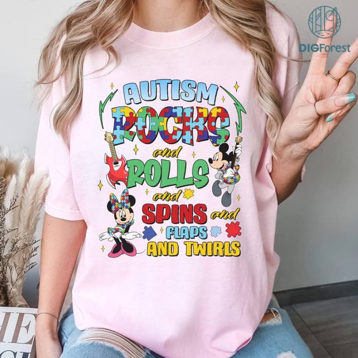 Disney Mickey Autism Rocks And Rolls And Spins And Flaps And Twirls Shirt | Autism Awareness Shirt | Autism Mom Shirt | Autism Disneyland Shirt