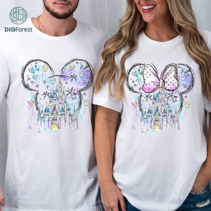 Disney Mickey Mouse Minnie Mouse Watercolor Bundle, Magic Kingdom Family Png, Watercolor Castle Shirt, Mickey Matching Shirt, Mouse Ears Shirt