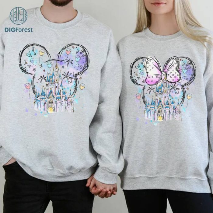 Disney Mickey Mouse Minnie Mouse Watercolor Bundle, Magic Kingdom Family Png, Watercolor Castle Shirt, Mickey Matching Shirt, Mouse Ears Shirt