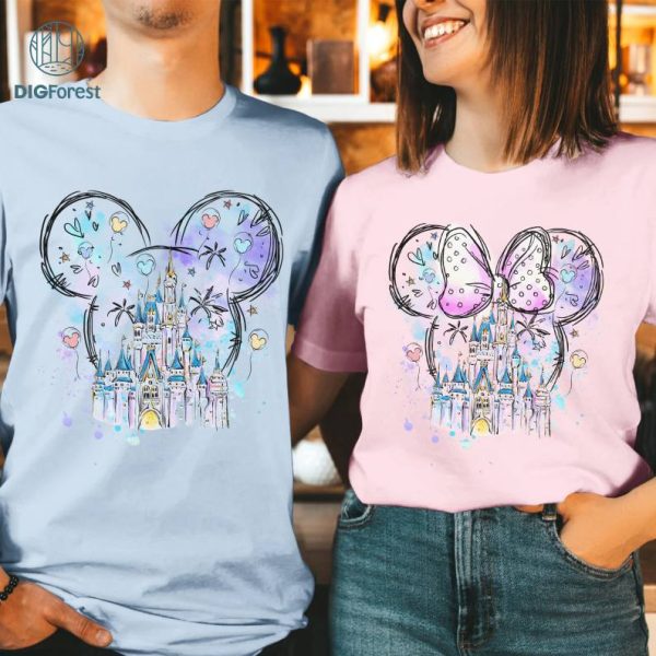 Disney Mickey Mouse Minnie Mouse Watercolor Bundle, Magic Kingdom Family Png, Watercolor Castle Shirt, Mickey Matching Shirt, Mouse Ears Shirt
