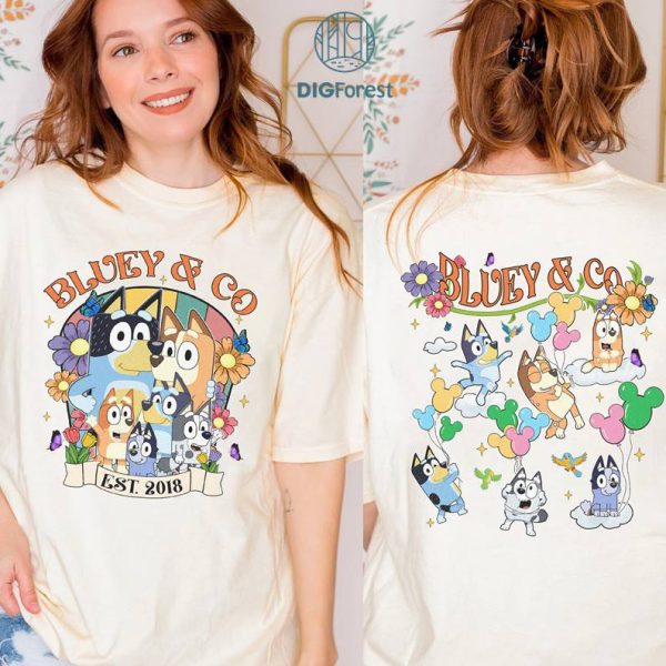 Two-Side Disney Bluey & Co Est 1928 Vintage T-shirt, Bluey And Friends Group Matching Tee, Disneyland Family Vacation 2024 Birthday Trip