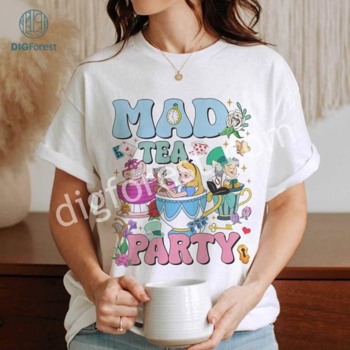 Disney Vintage Mad Tea Party Disneyland Alice in Wonderland Shirt, Floral Alice Mad Hatter Cheshire Cat Family Shirt, Disneyland Girl Trip Matching