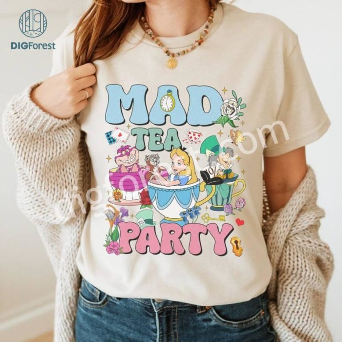 Disney Vintage Mad Tea Party Disneyland Alice in Wonderland Shirt, Floral Alice Mad Hatter Cheshire Cat Family Shirt, Disneyland Girl Trip Matching