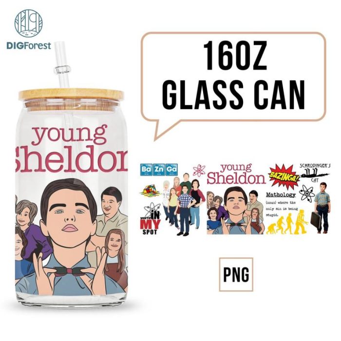 Young Sheldon TV Series 16oz Glass Can PNG,Young Sheldon Character Movie Series 16 oz Libbey Glass Can Png,Young Sheldon TV Series Fan Gifts