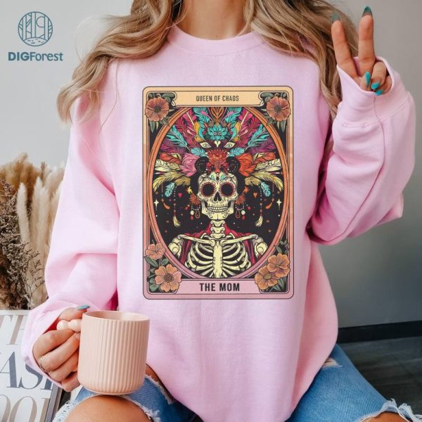 Mother's Day Tarot The Mom Queen Of Chaos Shirt | Woman Skeleton Mother Design, Witchy Vibes Skull Mama Shirt